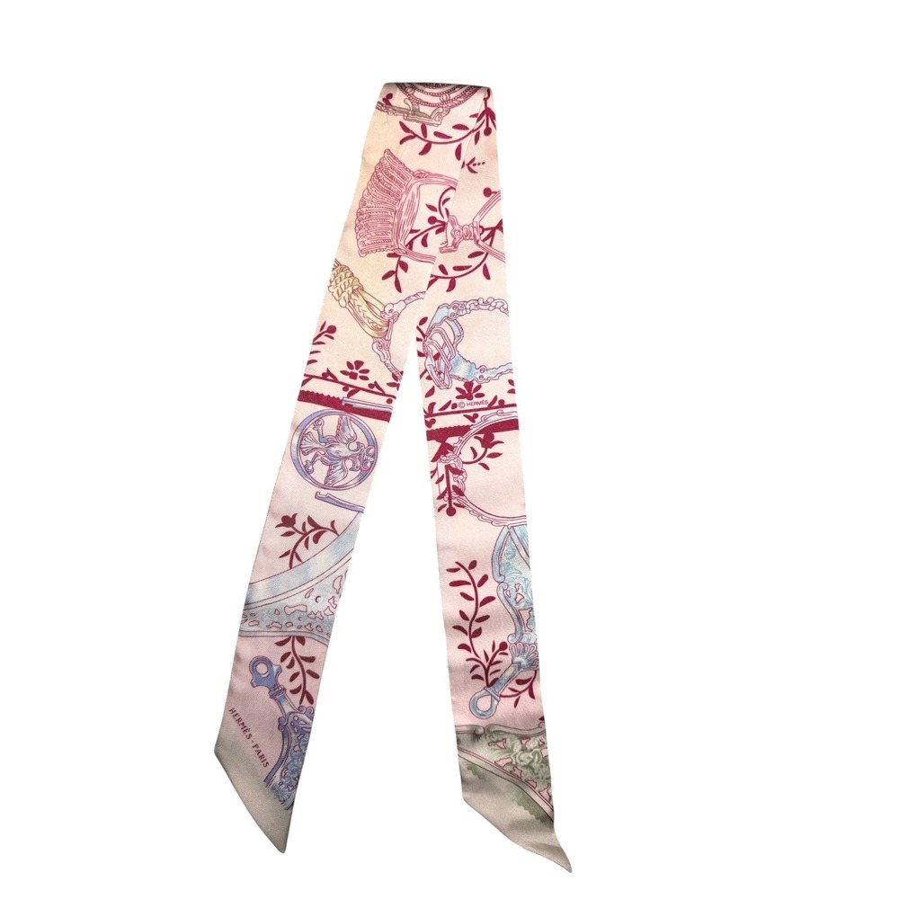 Hermès Pink Silk Twilly Scarf Pastel Blue Burgundy Bag Ribbon Tie - Picture 2 of 4
